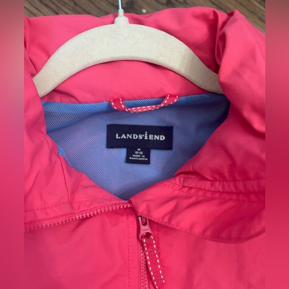Lands End Rain Coat Jacket Hidden Hood Mesh lining Adjustable M 10-12 Pink - Picture 8 of 10
